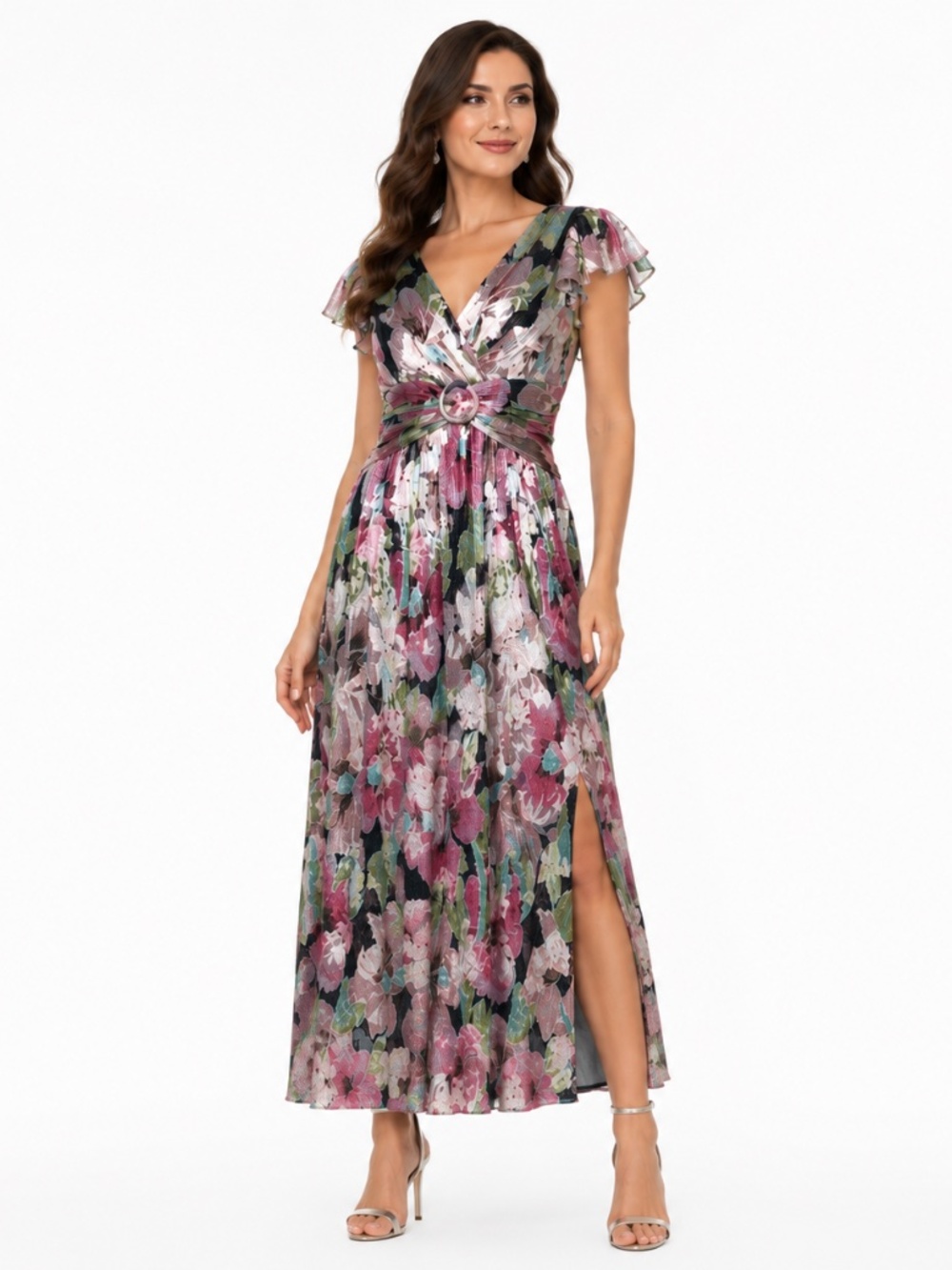 NEW WITH TAGS
Adrianna Papell Pink, Green & Black Floral Wrap Midi Dress